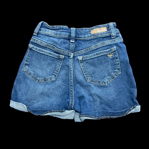 Medium Wash Cuffed Jeans Short w/ Floral Embroidery - Picture 2 of 2